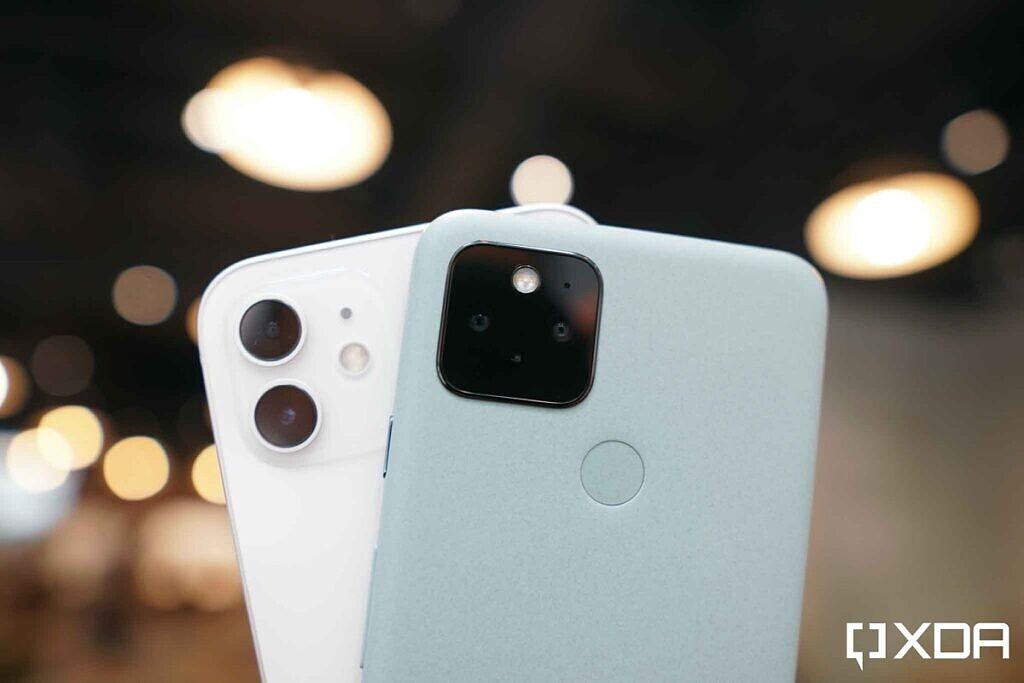 Google Pixel 5 Blue and Apple iPhone 12 White camera modules